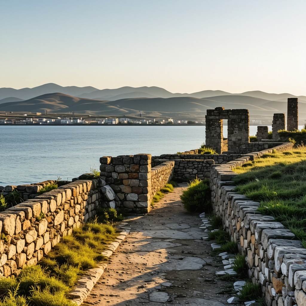 Gün batımında Çanakkale kıyısındaki tarihi kalıntılar ve arka planda Kazdağları'nın yemyeşil dağları