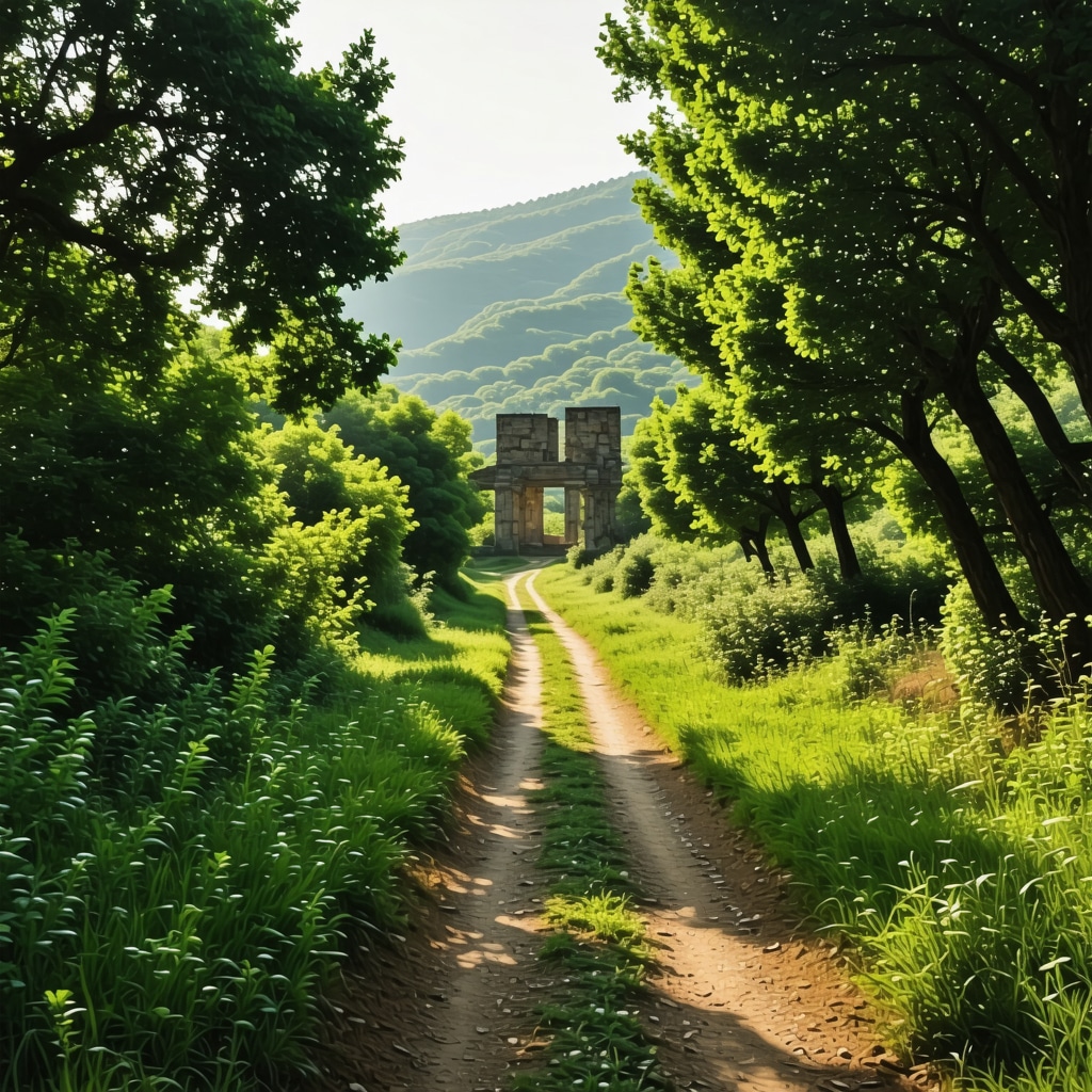 Hiking trail in lush forest with distant ancient ruins in Çanakkale