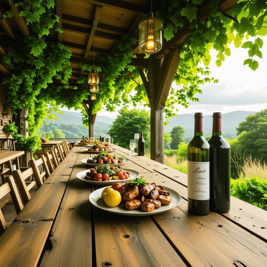Outdoor dining area with traditional Balkan dishes and nature backdrop in Cluj-Napoca