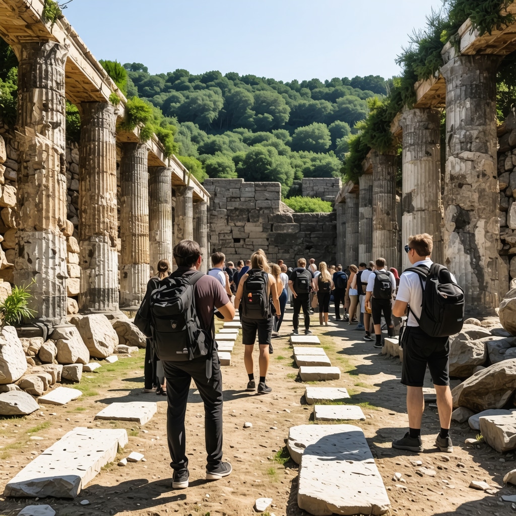 Archaeological site in Constanta showing 3D scanning and eco-tourism practices among historical ruins and natural surroundings