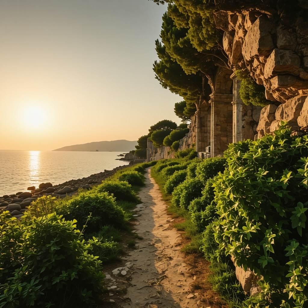 Coastal walking trail in Constanta featuring ancient ruins surrounded by Mediterranean flora during sunset