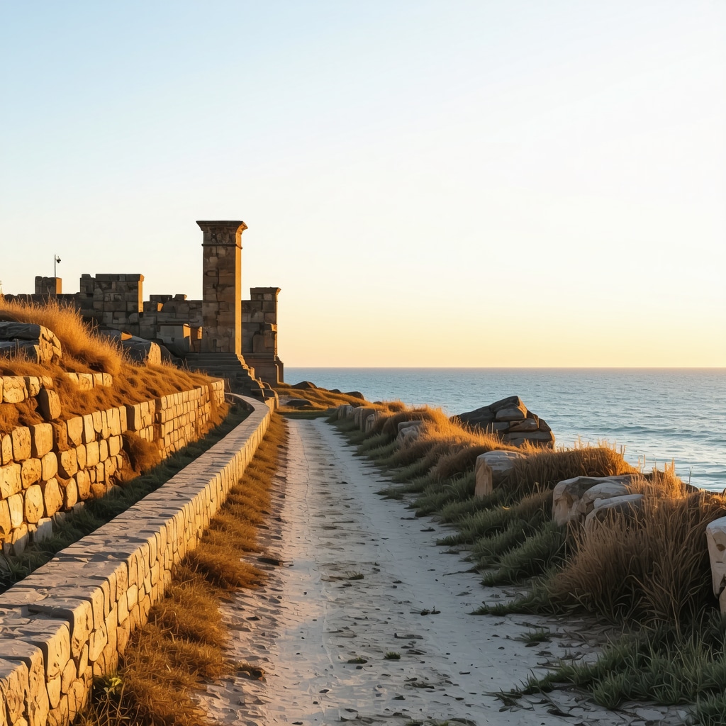 Coastal walking trail in Constanta with ancient ruins and sea at sunset