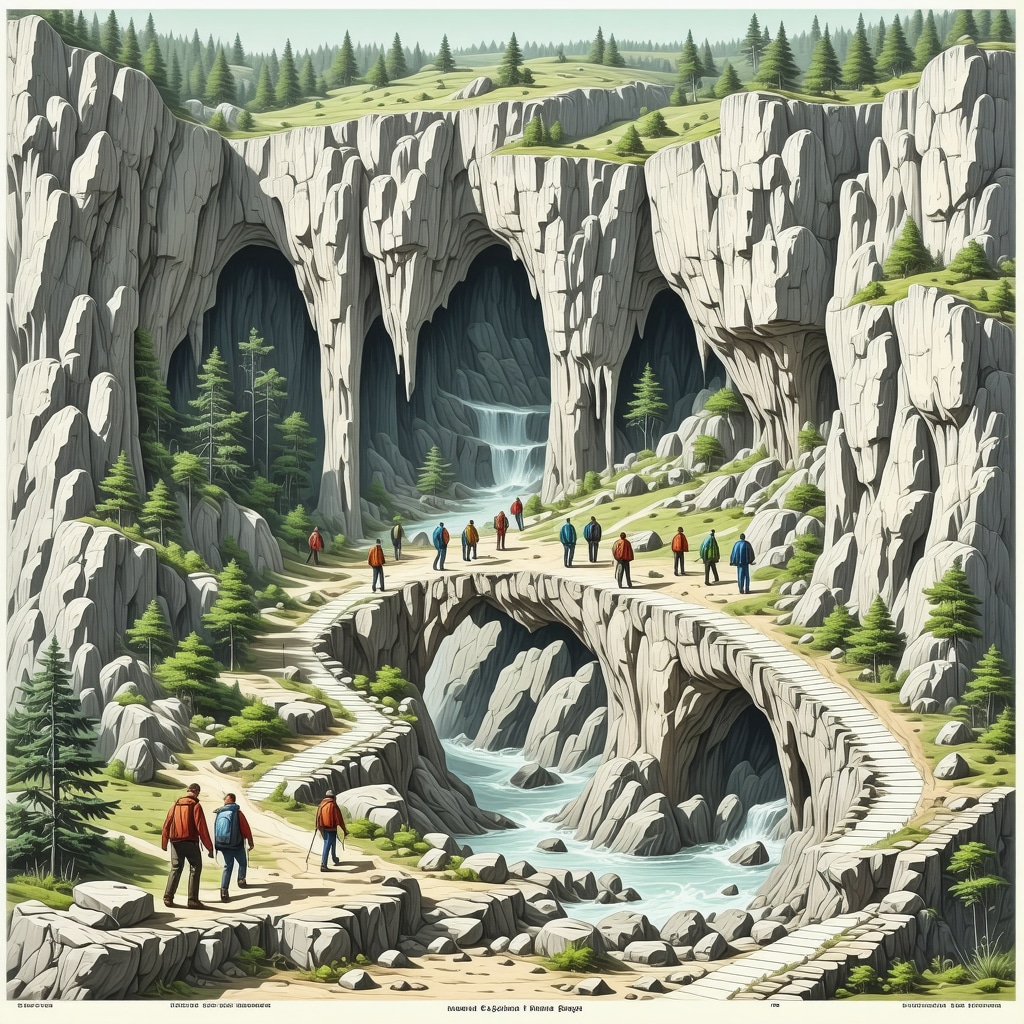 Illustration showing karst formations, underground rivers, and biodiversity in Škocjan caves with hiking trails