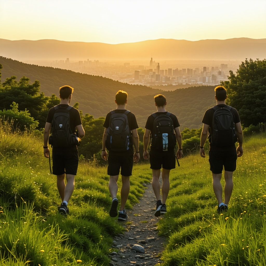 Hikers walking in Dajti Mountain National Park with Tirana city skyline at sunrise showcasing sustainable tourism