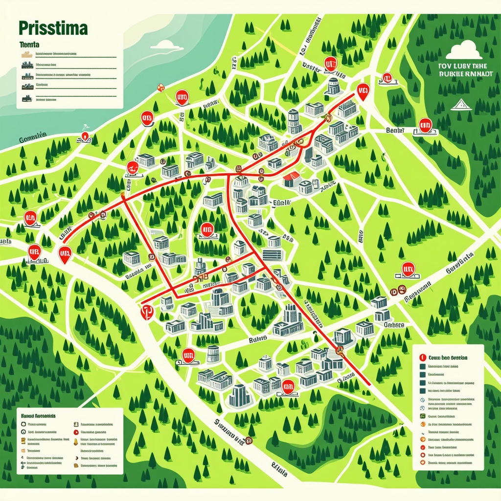 Digital illustration of sustainable tourism routes and eco-friendly options in Pristina