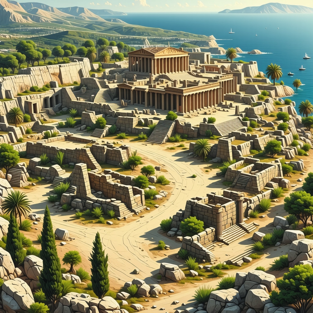Interactive digital map with AR icons highlighting walking routes over Apollonia ancient ruins and Mediterranean vegetation