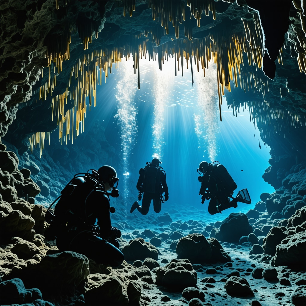 Underwater photo showing divers exploring karstic formations and marine biodiversity in Reževići Sea Caves