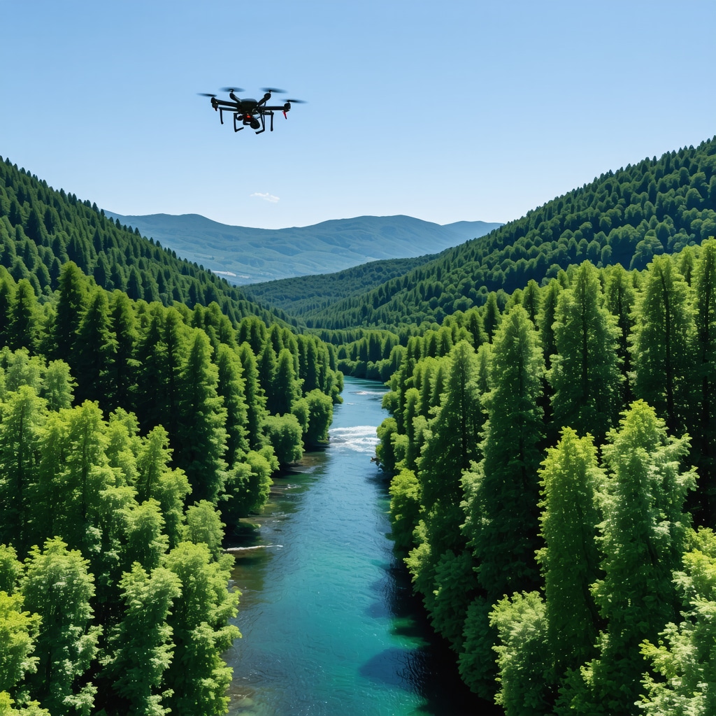 Drone flying over Xanthi's forest and river valley highlighting ecological monitoring and sustainable tourism
