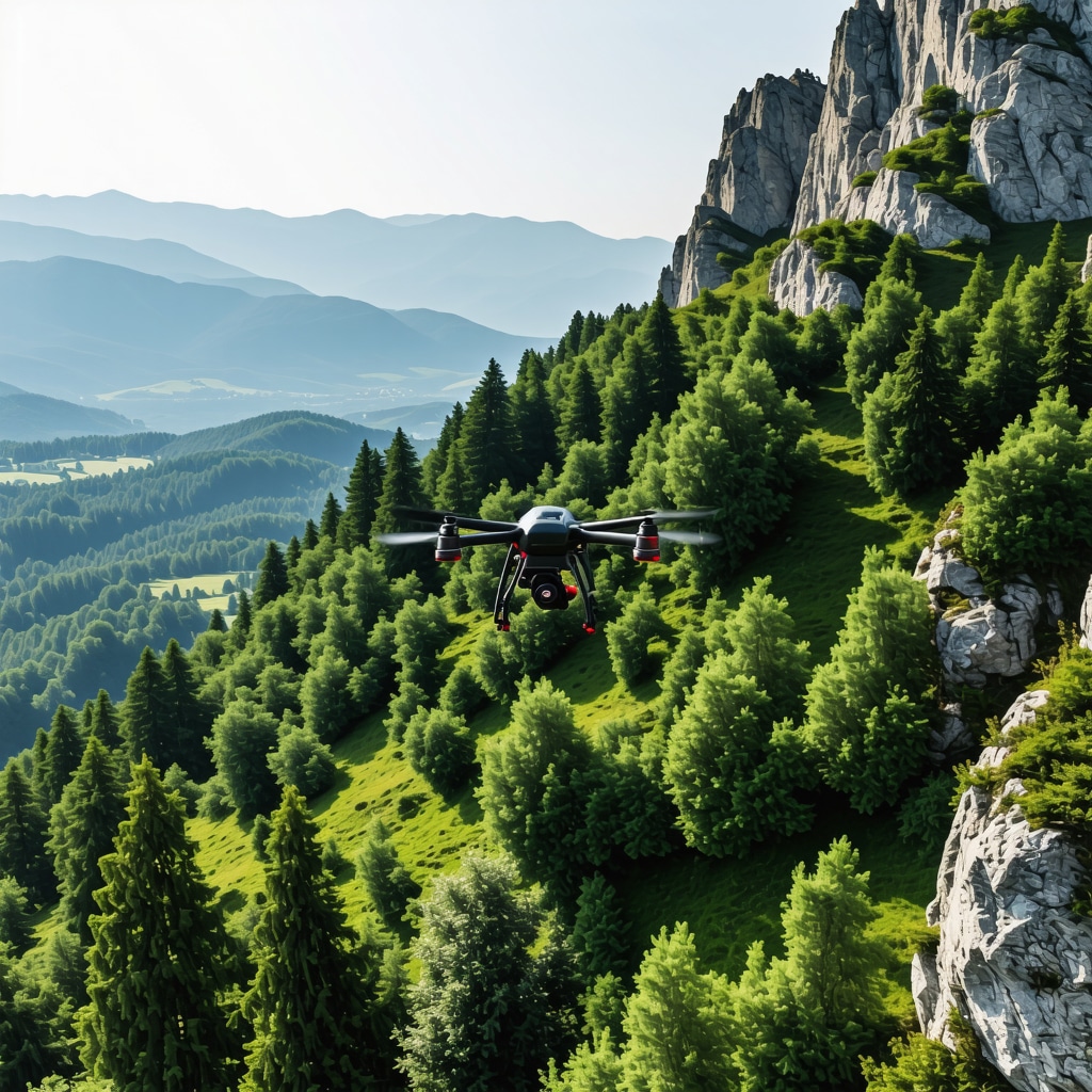 Drone flying above forests and mountains in Mavrovo National Park with digital data overlays representing conservation efforts