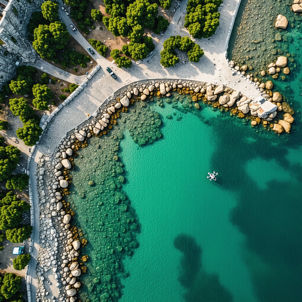 Aerial drone image capturing Petrovac coastline with natural and historical sites under surveillance