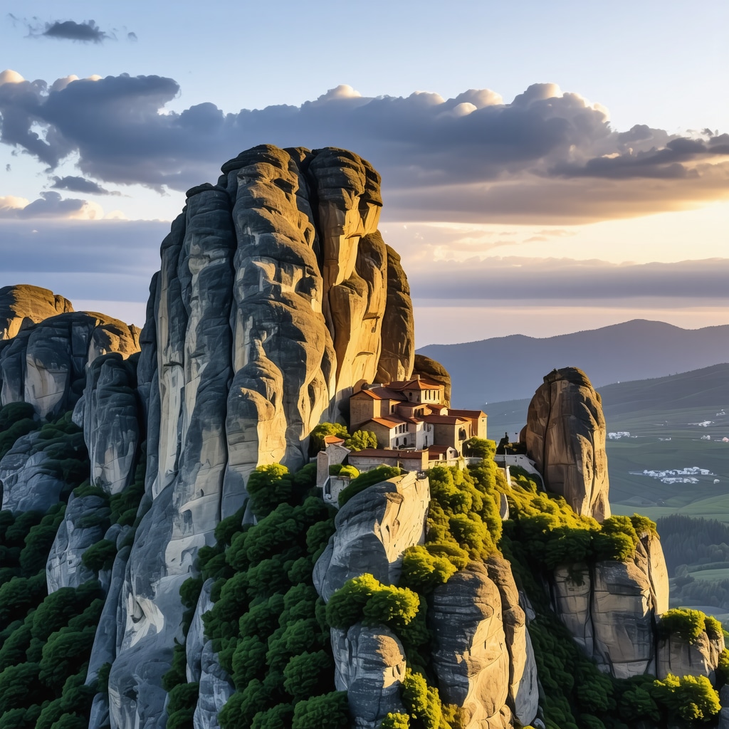 Aerial drone view of Meteora rock formations and monasteries during sunset, capturing dramatic lighting and shadows