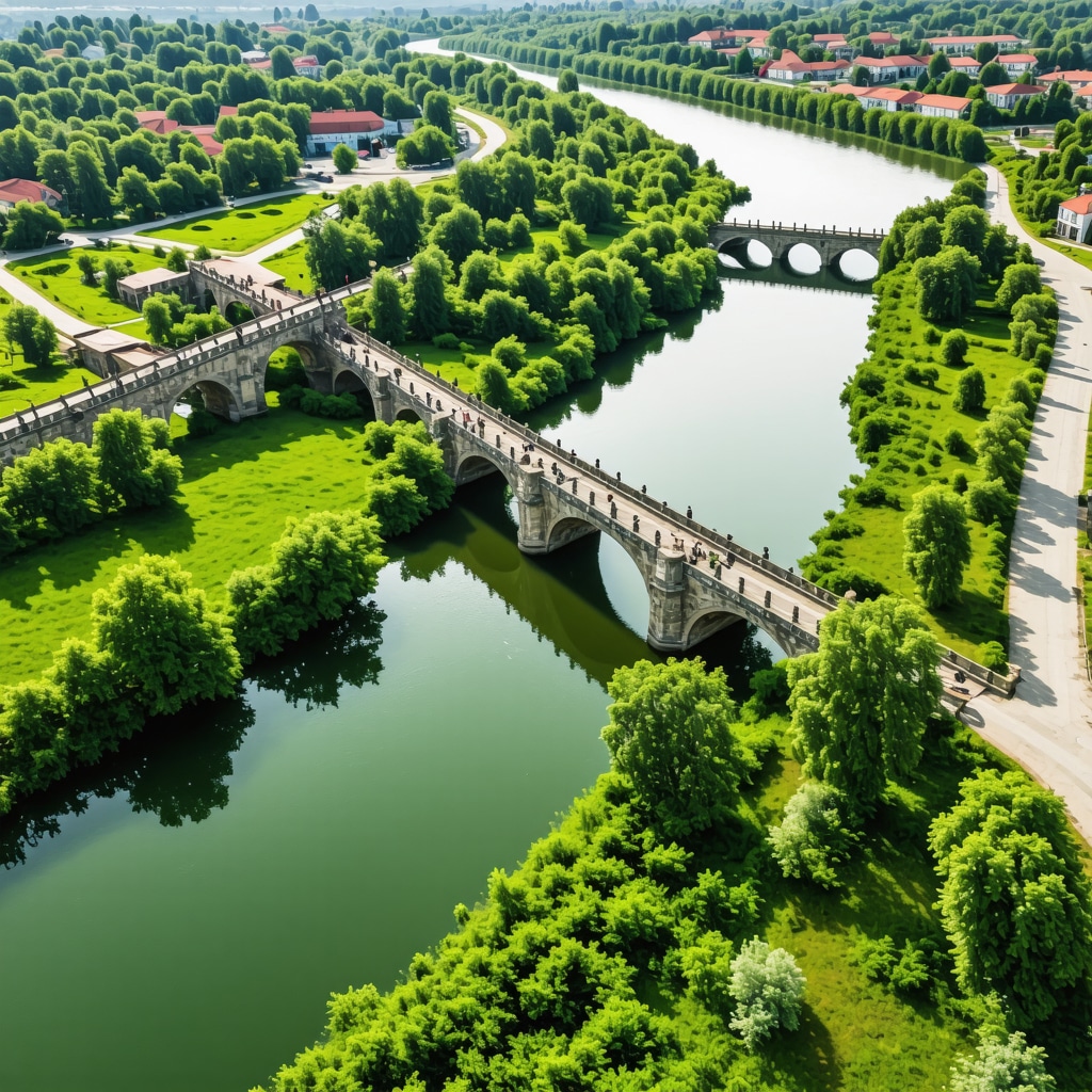 Aerial drone image showing Meriç River ecosystem and historical Ottoman bridges surrounded by green landscape in Edirne