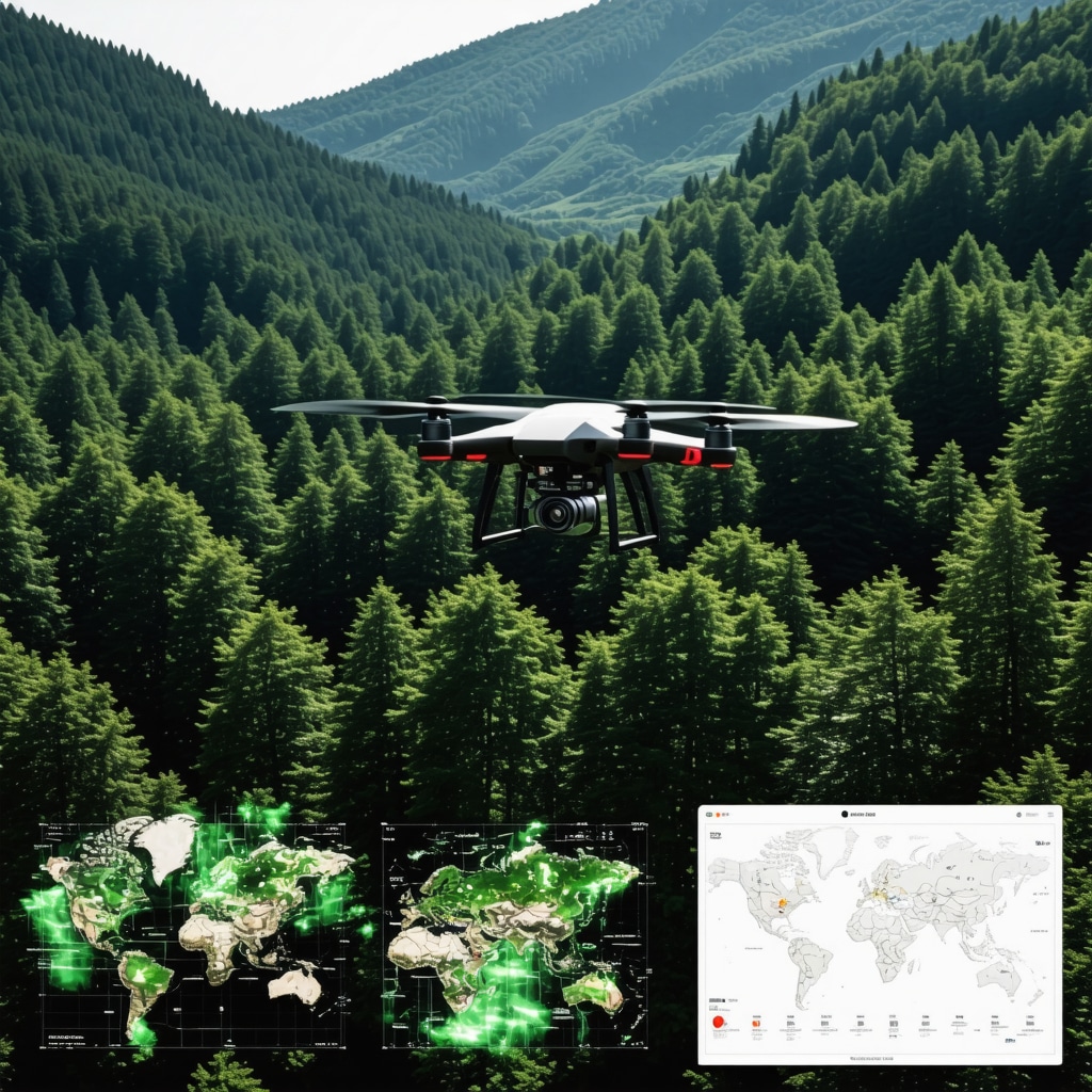 Drone flying over Knjaževac forest with digital biodiversity monitoring overlays