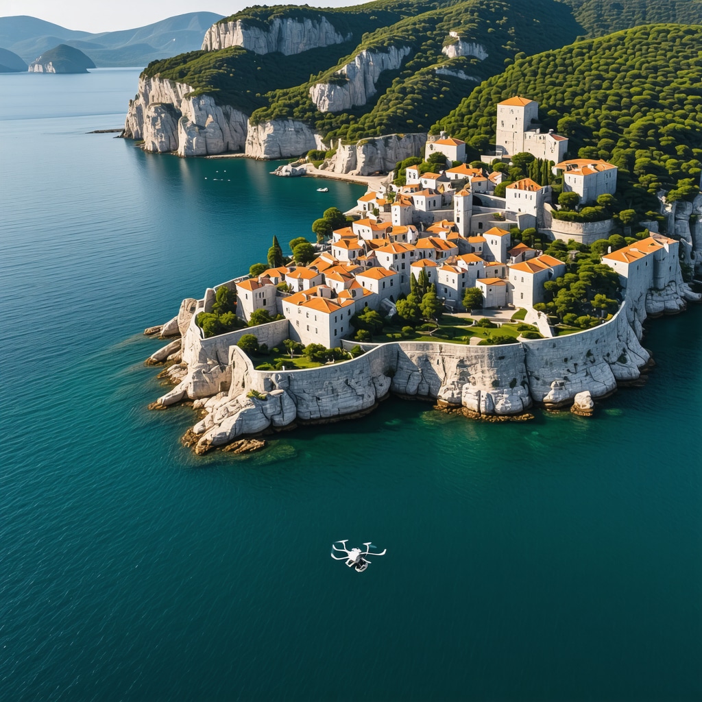Drones flying over Dubrovnik coastline monitoring natural and historical sites for sustainable tourism