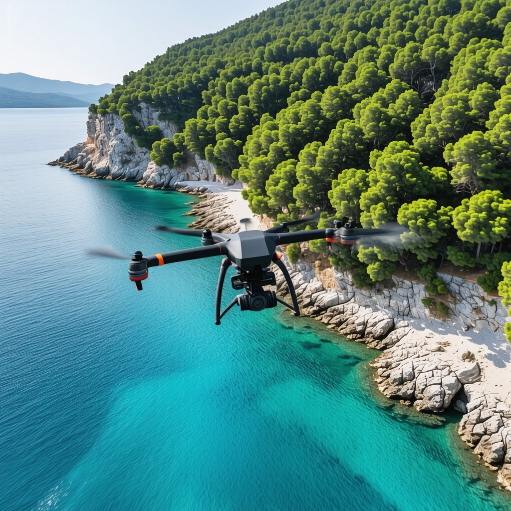 Drone flying over Halkidiki coastline and forests for biodiversity monitoring