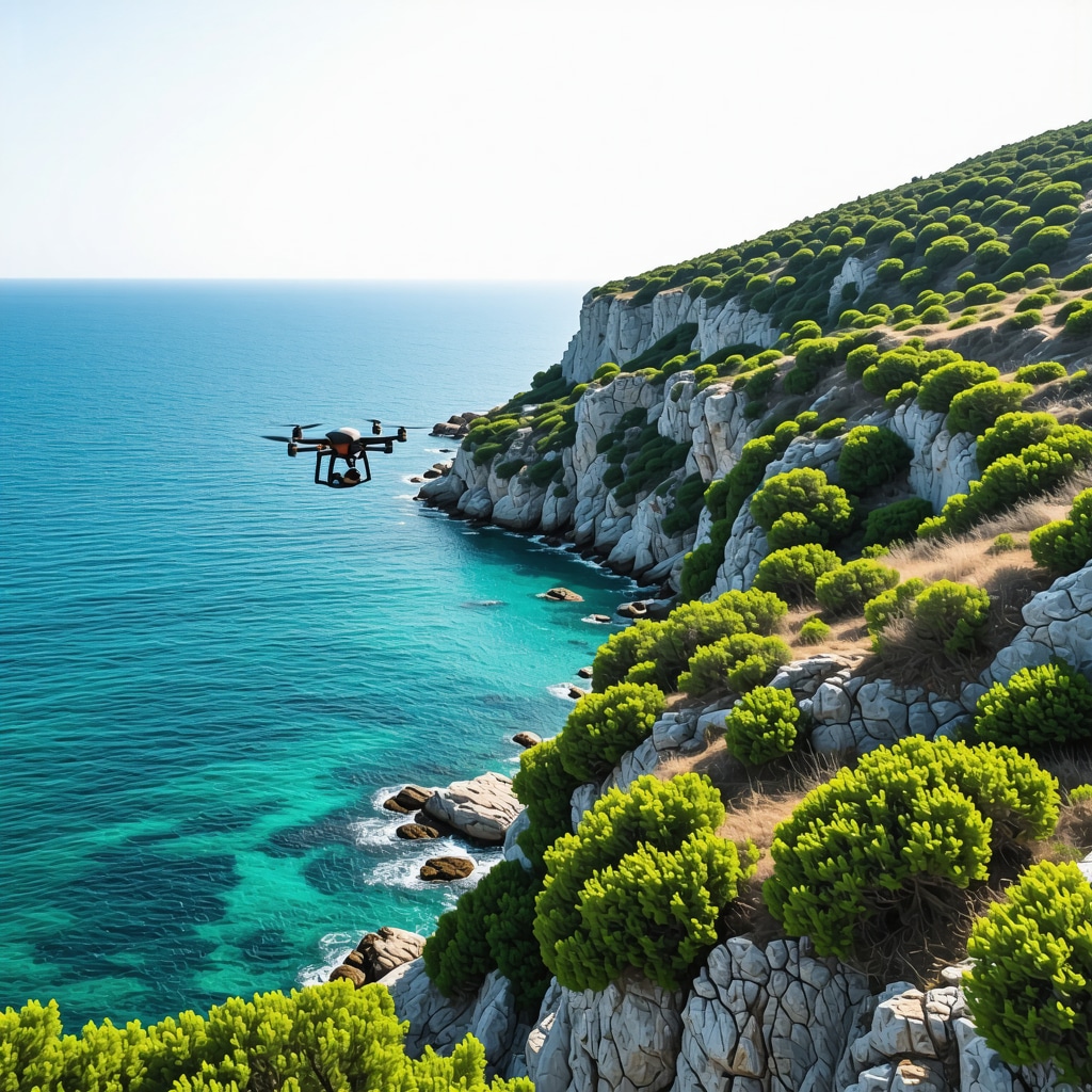 Drone flying over Altın Kumlar coastline monitoring natural habitat