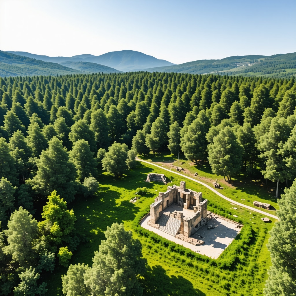 Aerial image of Kazdağı Milli Parkı with AR icons for ecological and historical monitoring