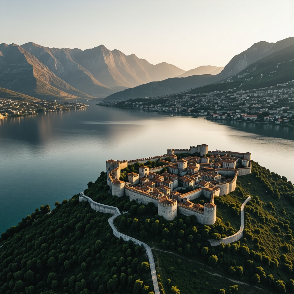 Panoramic aerial photo showing Kotor Bay, medieval fortifications, and mountain landscape illuminated by warm golden hour light