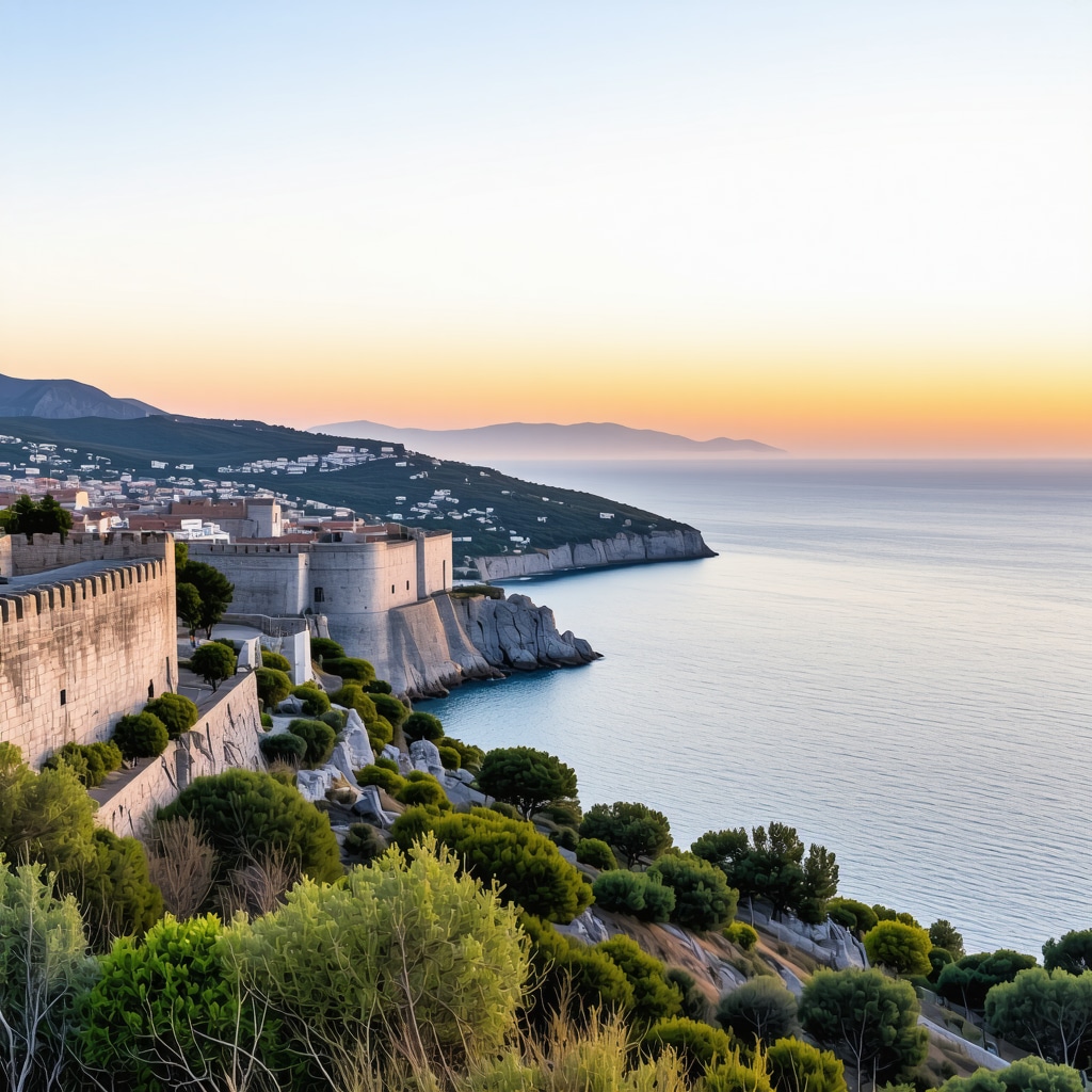Panoramic view of Dubrovnik hiking trails with historic city walls and Adriatic Sea at sunset