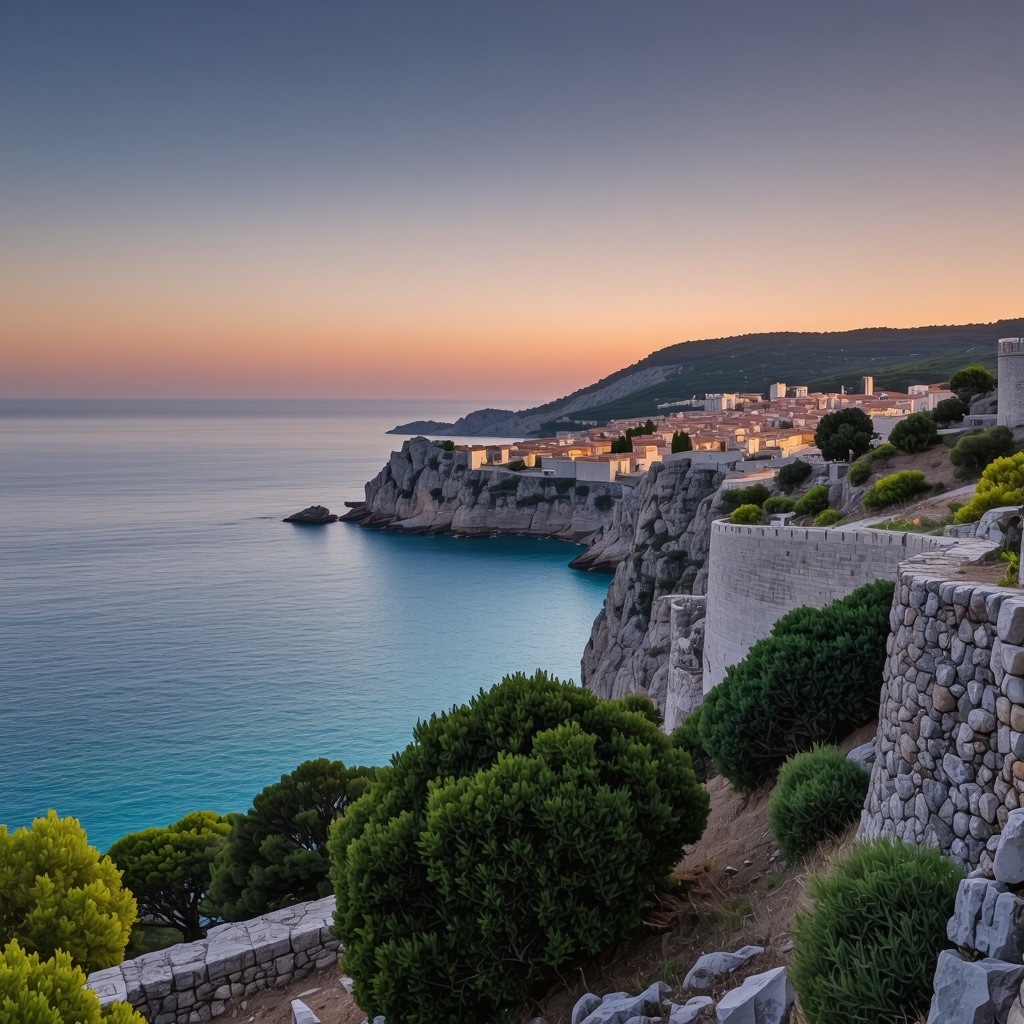 Panoramic view of Dubrovnik coastline with hiking trails and historic city walls at sunset