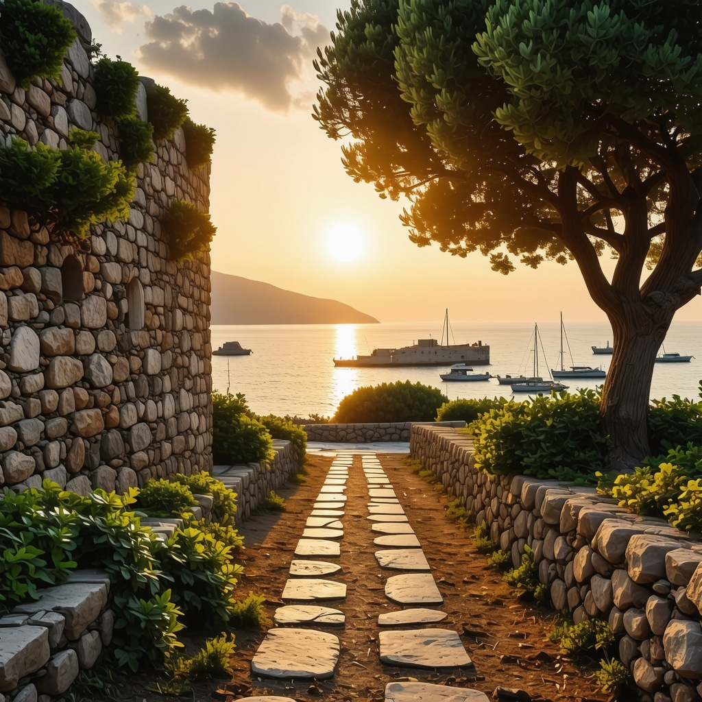 Walking trail along Dubrovnik harbor with ancient walls and sea at sunset