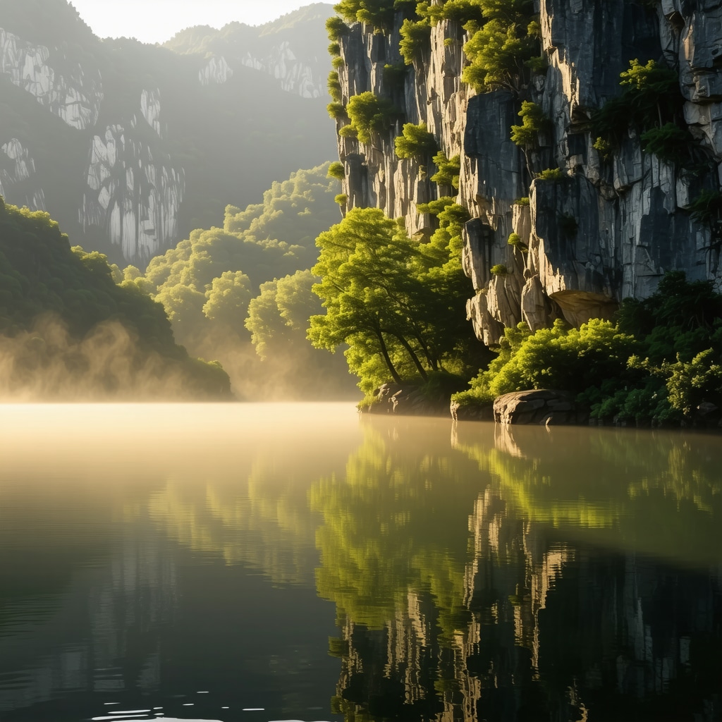 Matka Canyon at early morning with mist and golden sunlight illuminating the lake and rock formations