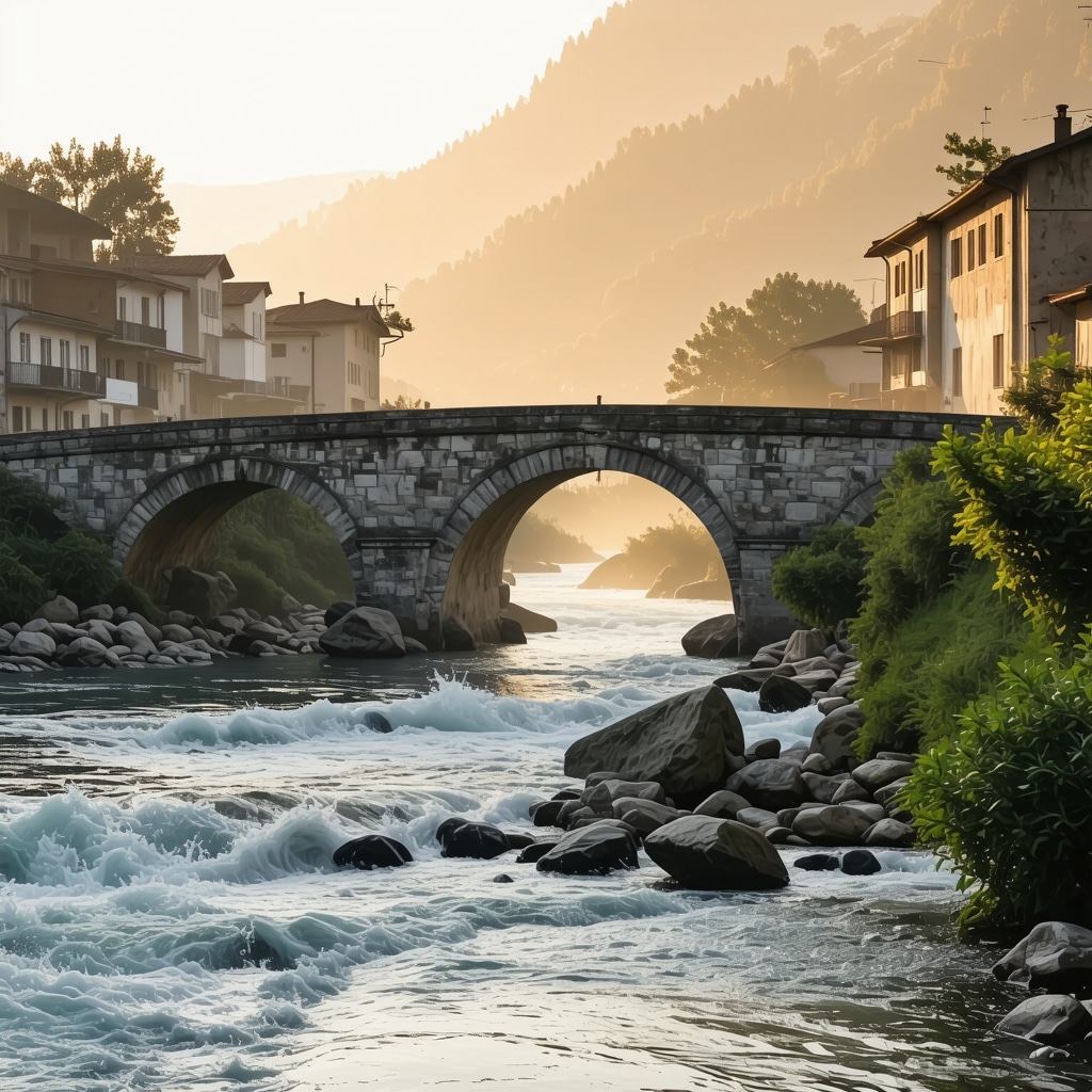 Historic stone bridges in Konjic bathed in soft golden sunrise light with mist over Neretva River