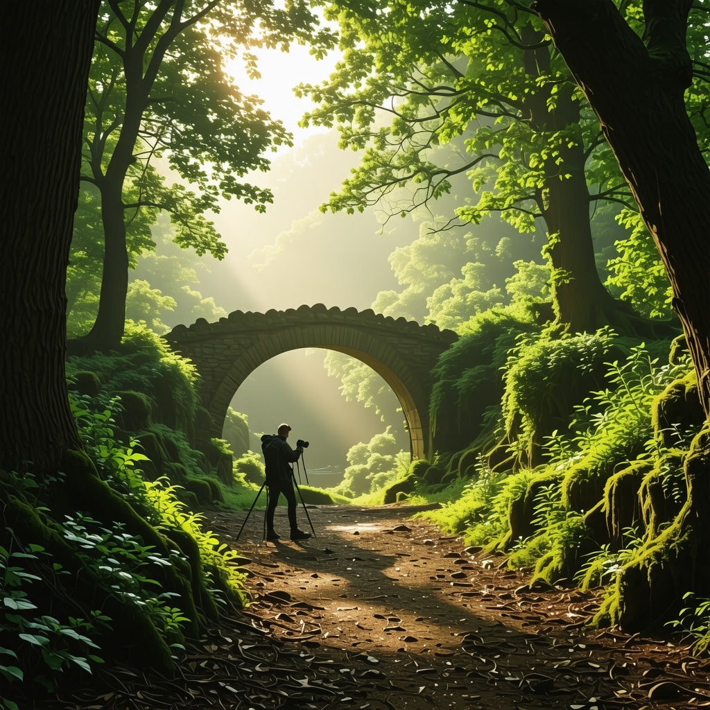 Photographer capturing early morning light on a nature trail near historic stone bridge in Kumanova