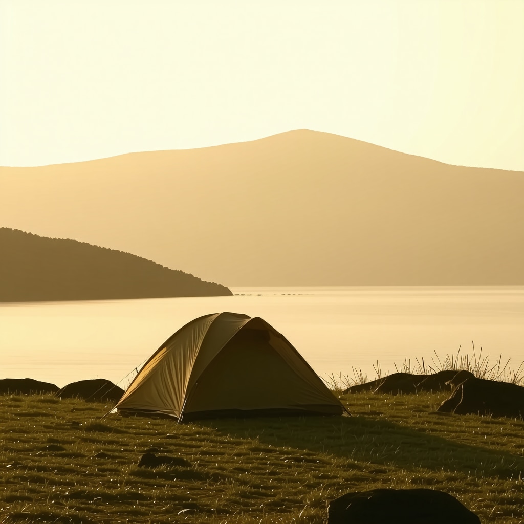 Campsite at sunrise in Bar showing tent with mountain and sea background