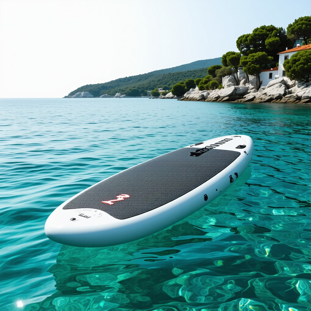 Eco-friendly paddleboard on turquoise Adriatic waters near Piran surrounded by coastal nature