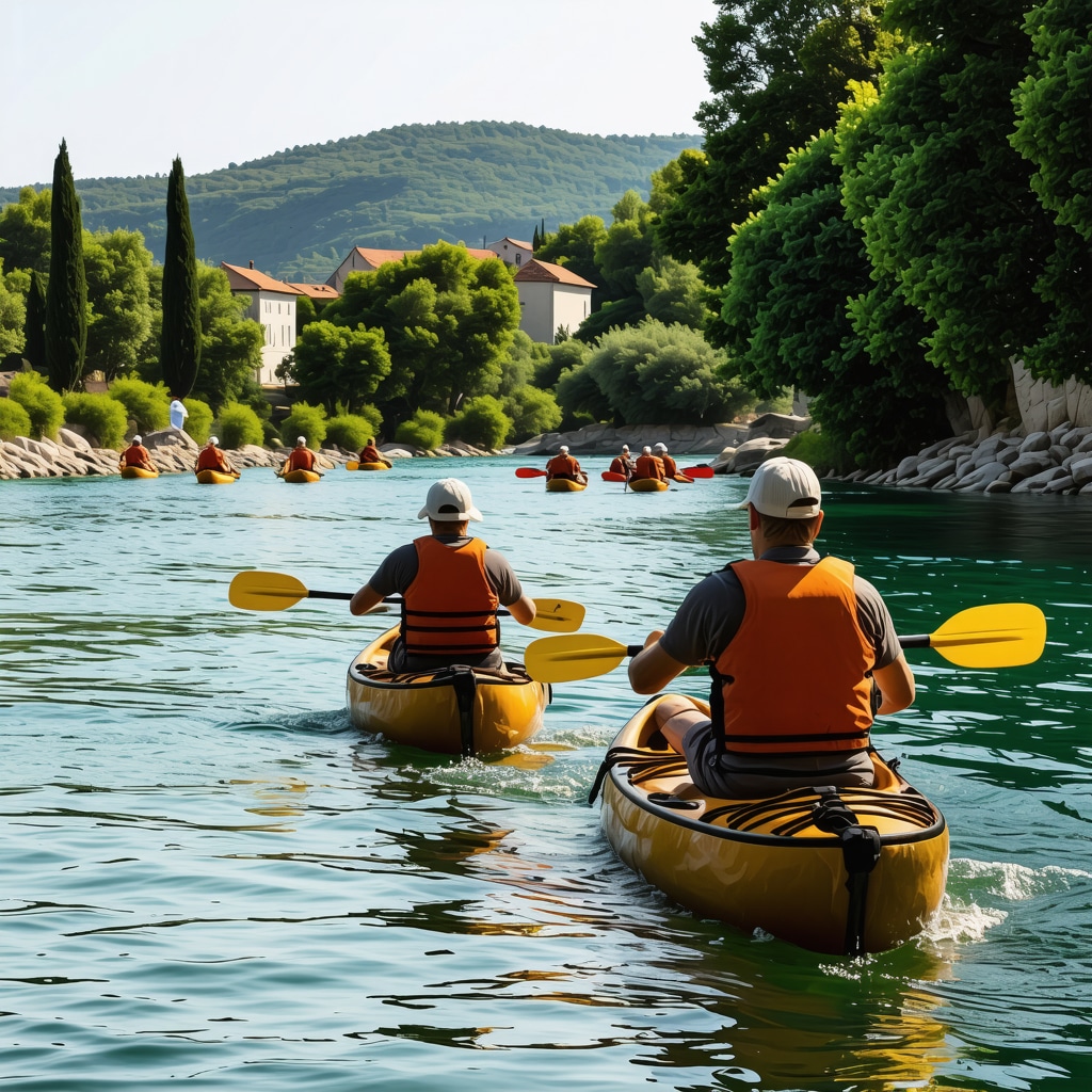Tourists kayaking on Tara River with lush nature and Ottoman architecture in Trebinje