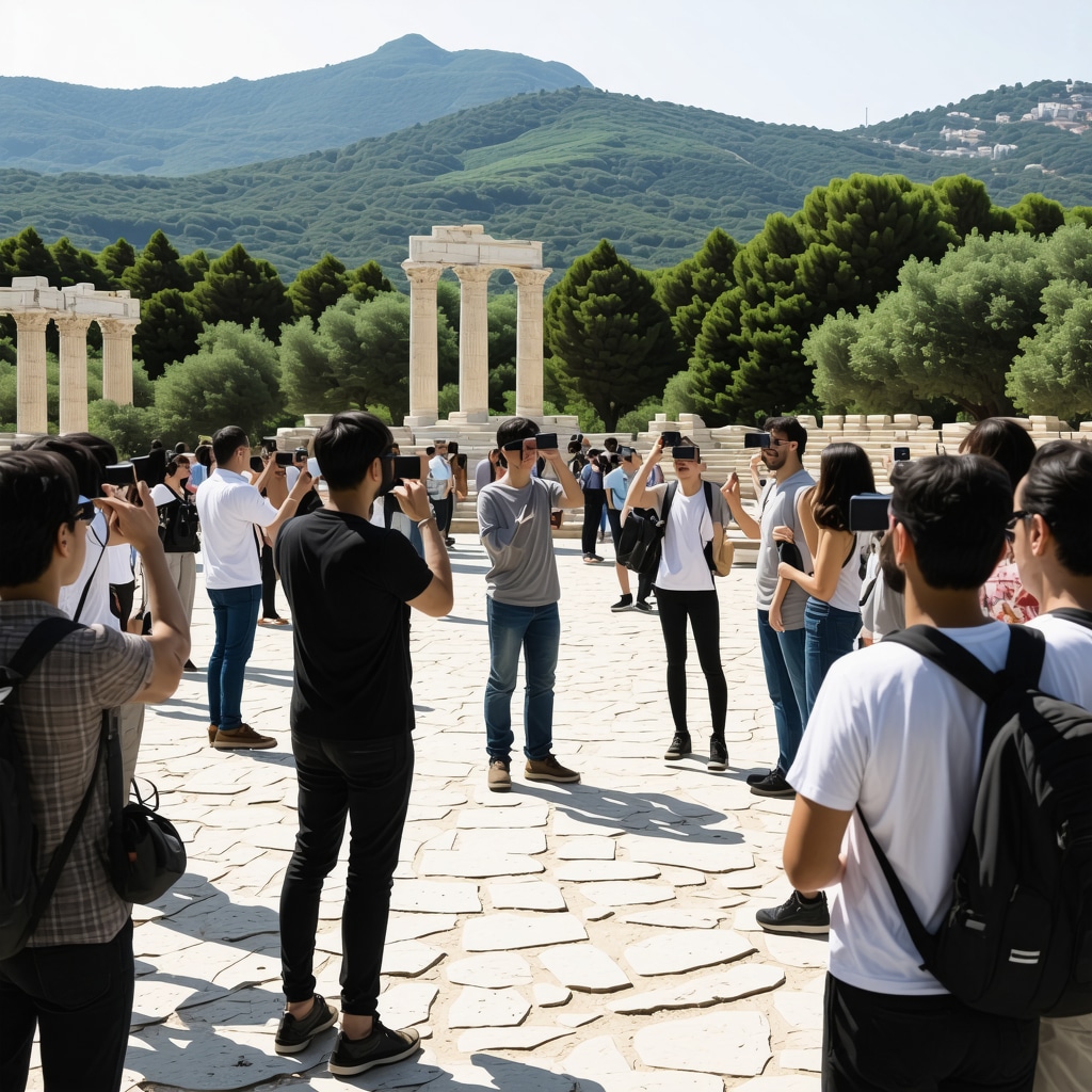 Tourists exploring Efes Antik Kenti using augmented reality devices surrounded by greenery from Spil Dağı National Park