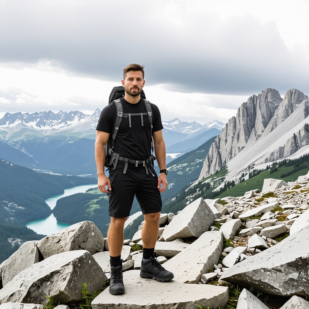 Experienced hiker with helmet and hiking equipment overlooking Bohinj Lake and Triglav mountains