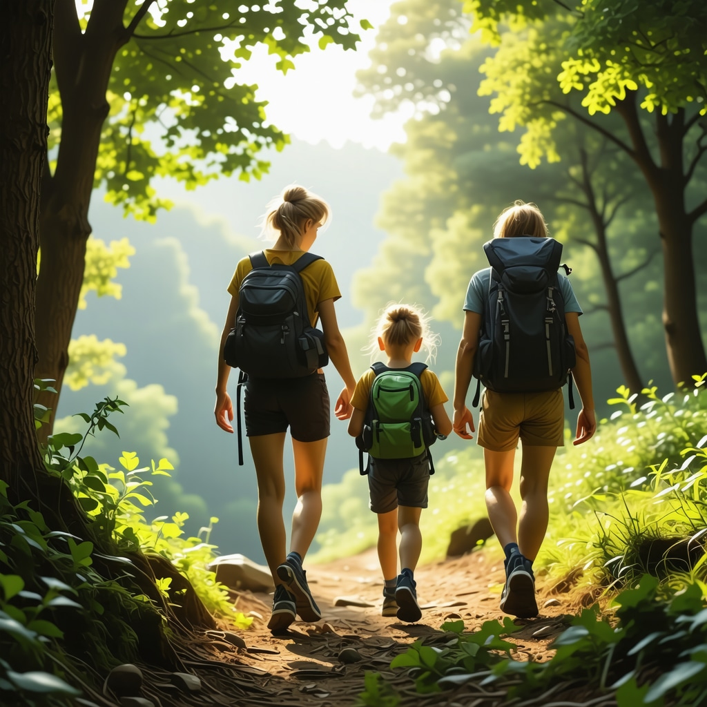 Family hiking on a marked trail in Knjaževac forest wearing advanced gear and using GPS devices
