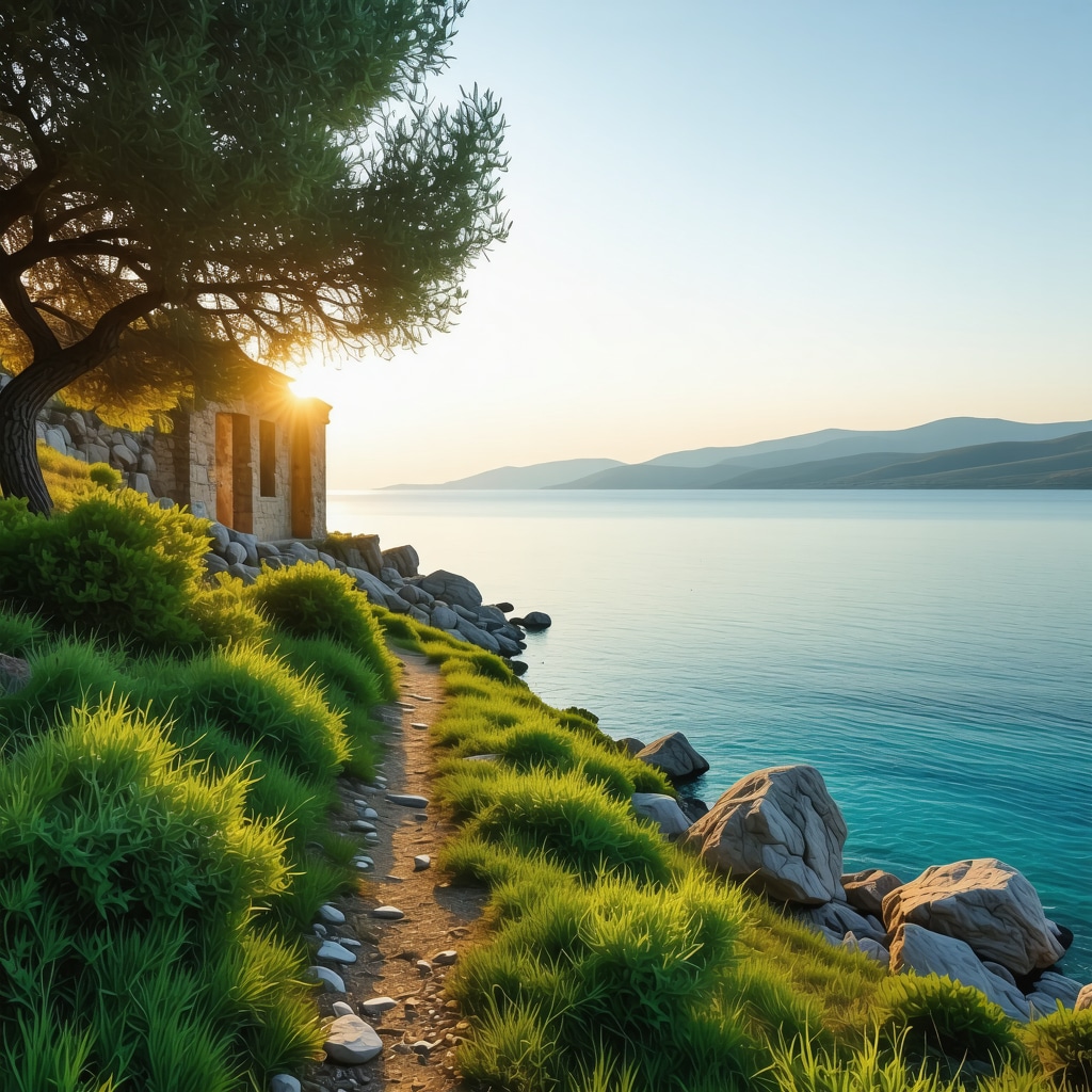 Scenic hiking trail along Foça's coast with turquoise sea and ancient ruins under warm sunset light