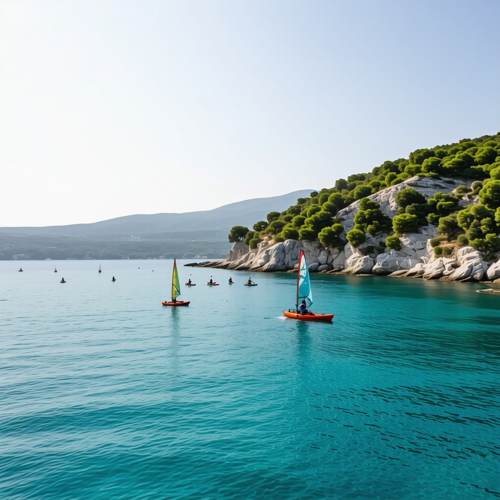 Windsurfers and kayakers enjoying Foça's crystal-clear blue waters surrounded by lush green coves