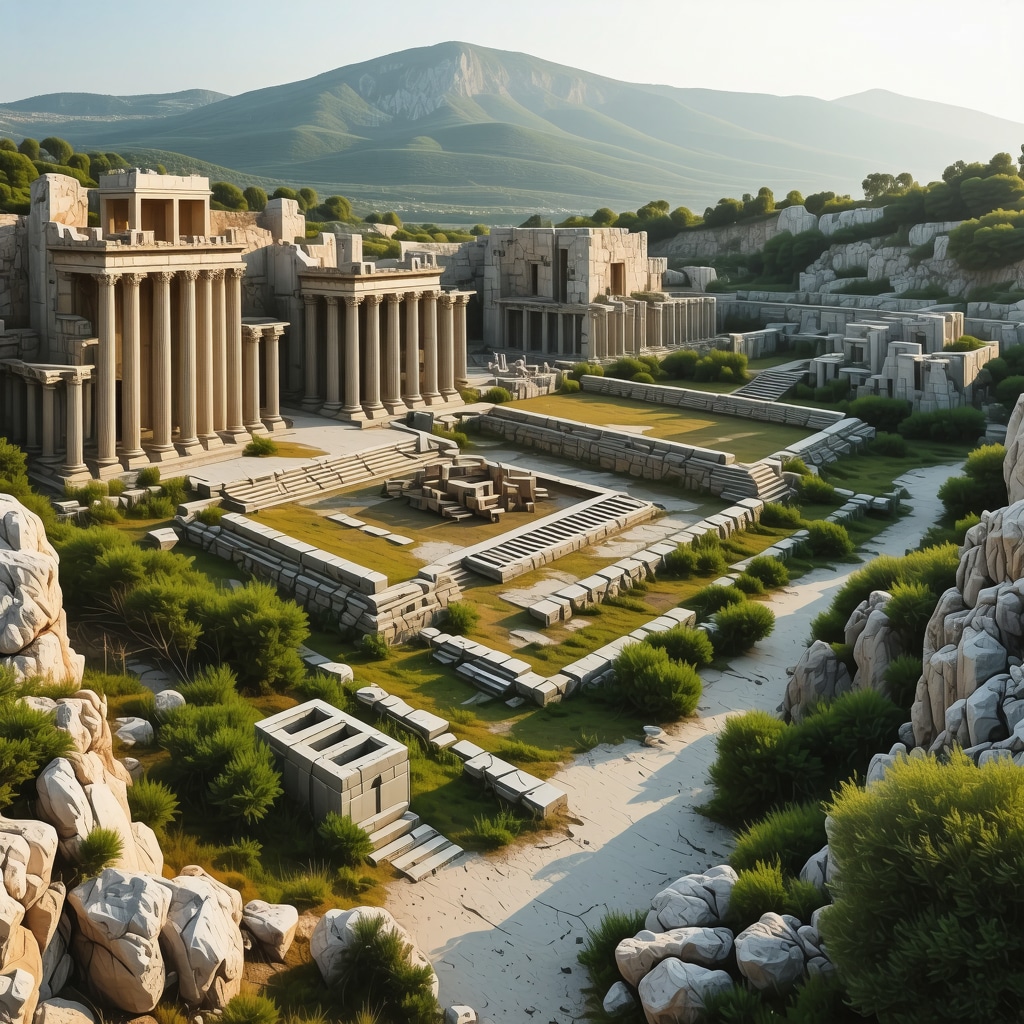 Digital 3D models overlaying ancient ruins amidst Mediterranean vegetation on Rhodes Island
