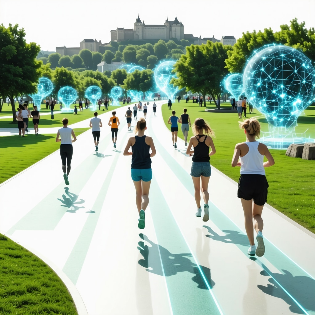 Futuristic park in Belgrade with smart running tracks and historical fortress backdrop blending nature and technology