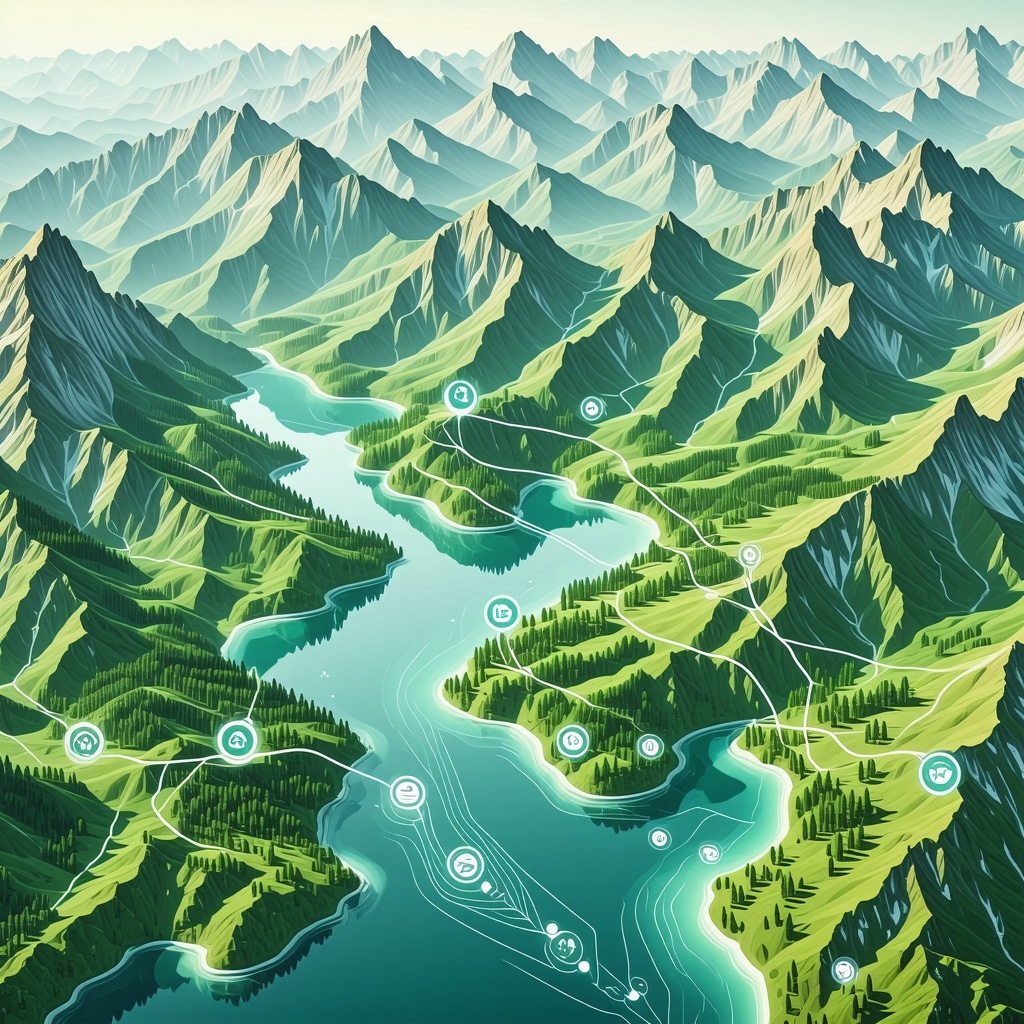 Digital map overlay showing eco-tourism routes and augmented reality on Ioannina's lake and mountains