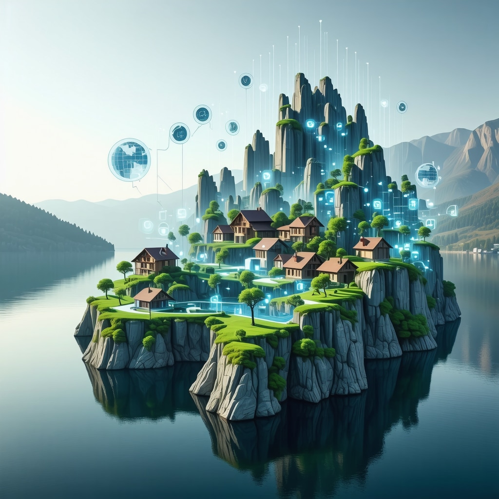 Digital augmented reality interfaces overlaying Ohrid Lake landscape and historical sites, illustrating sustainable tourism and community involvement