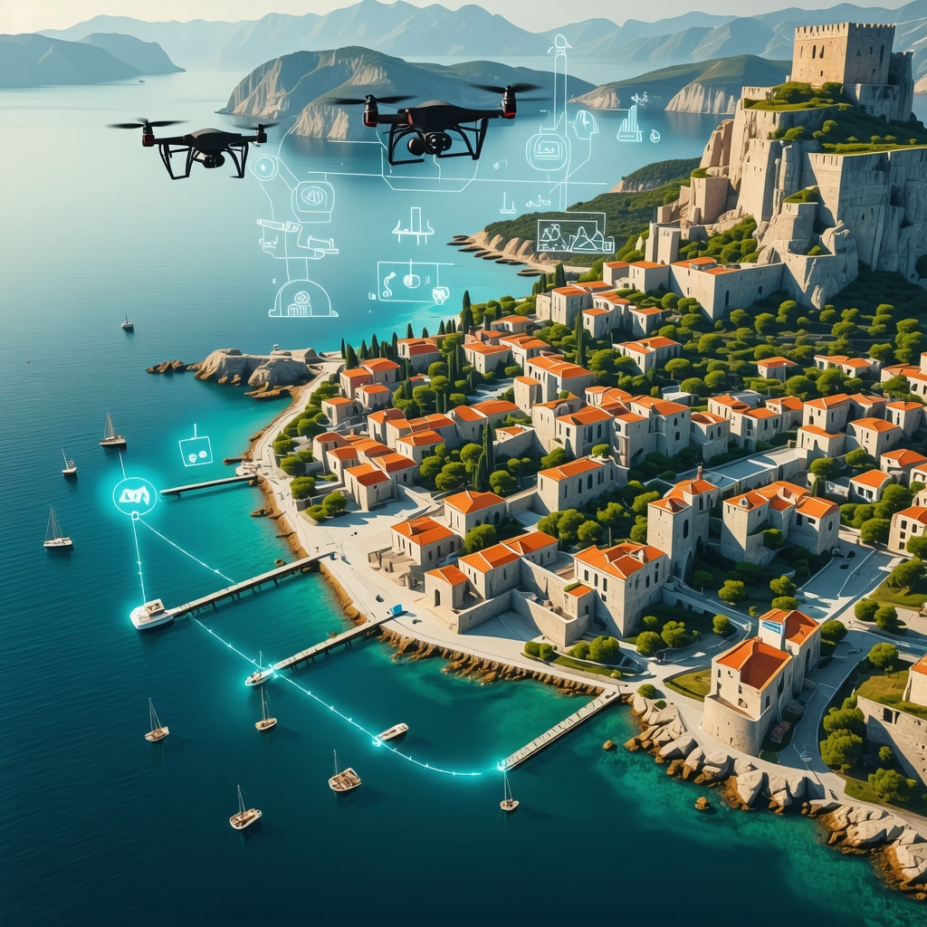 Aerial illustration of Rhodes Island historic harbor with digital overlays representing sustainable tourism and heritage conservation