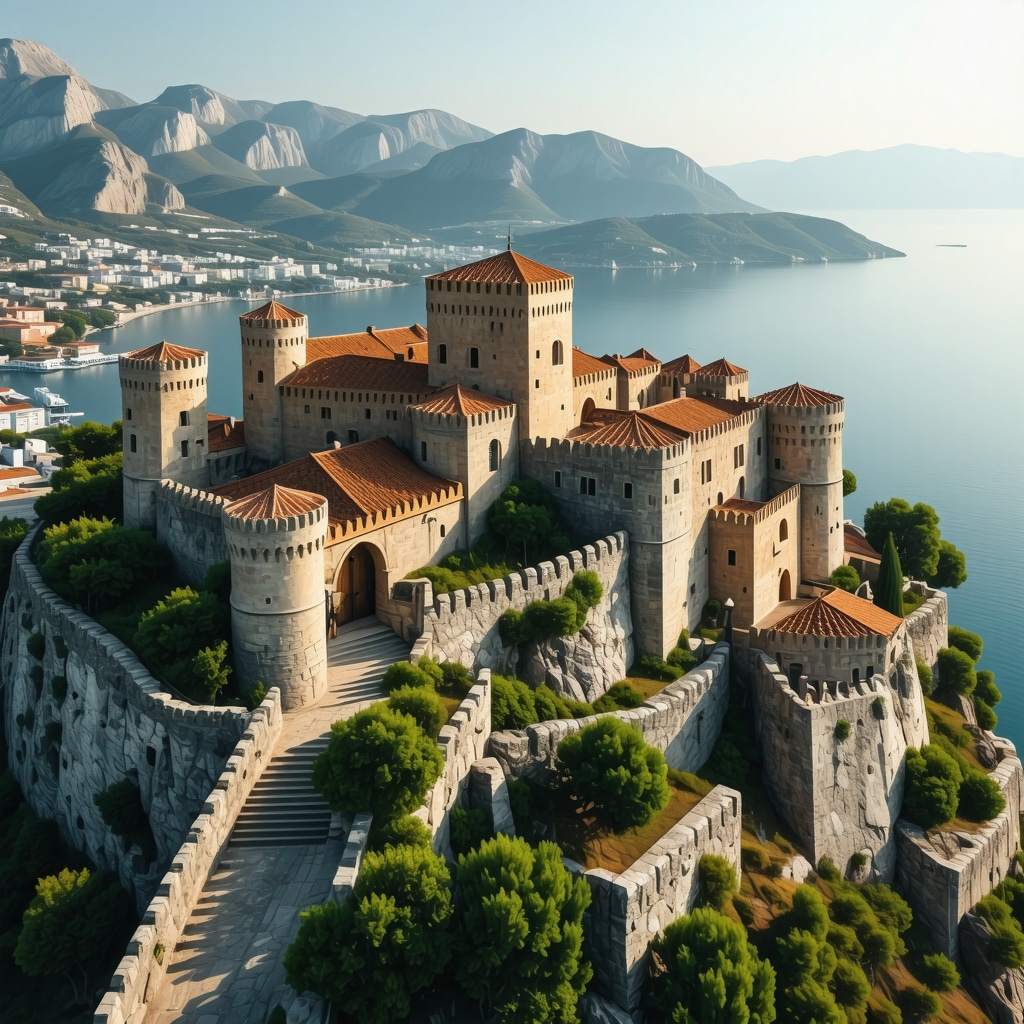 Aerial view of Nafplio castle and coastline with augmented reality digital overlays representing technological integration