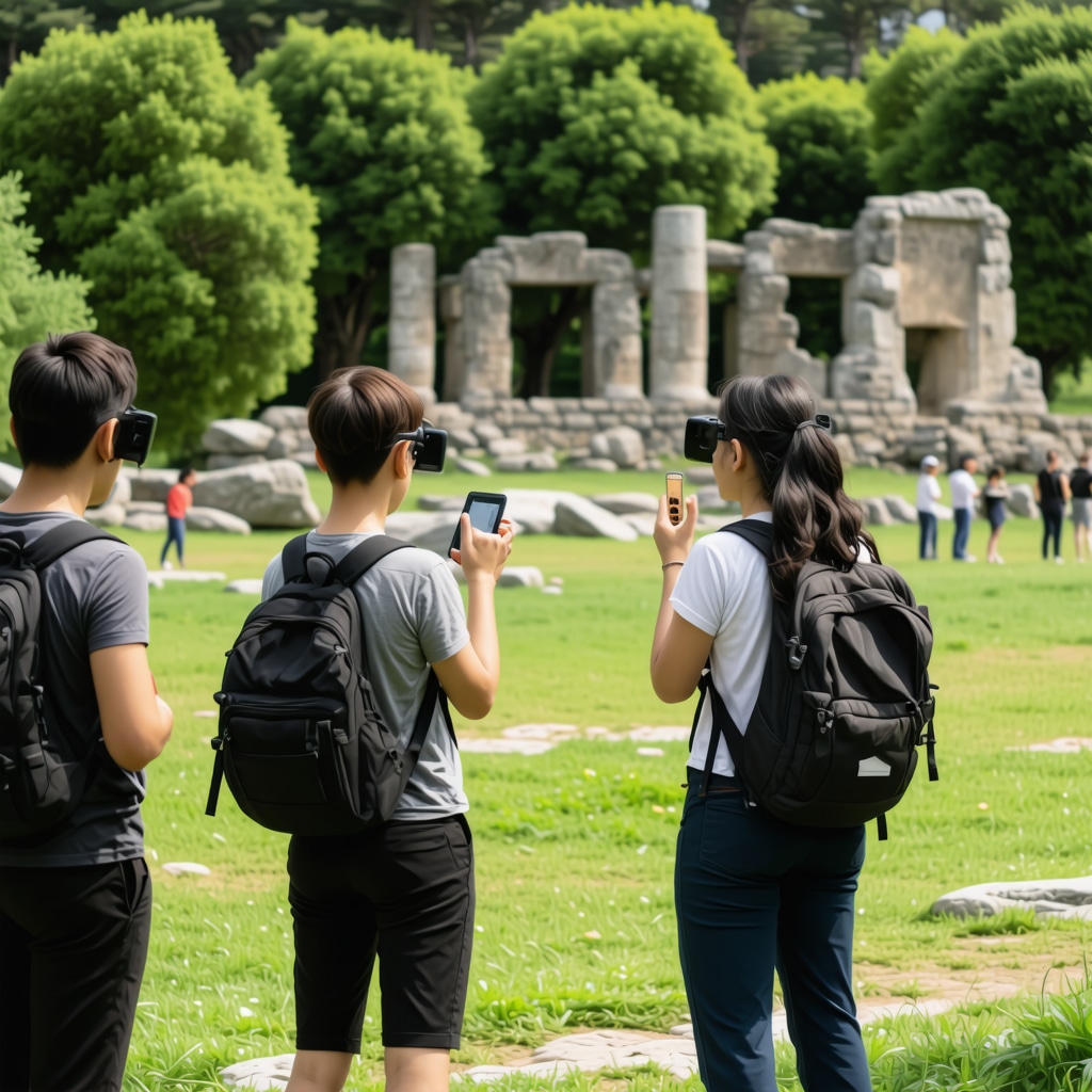Hikers using augmented reality devices in Germia Park near ancient ruins in Priştine
