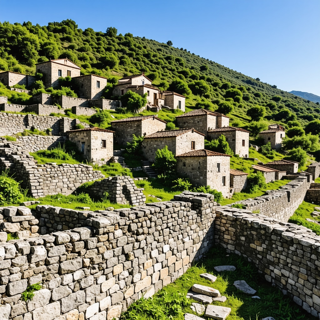 Panoramic image showing Gjirokastër’s historic stone architecture intertwined with green natural surroundings and ancient ruins