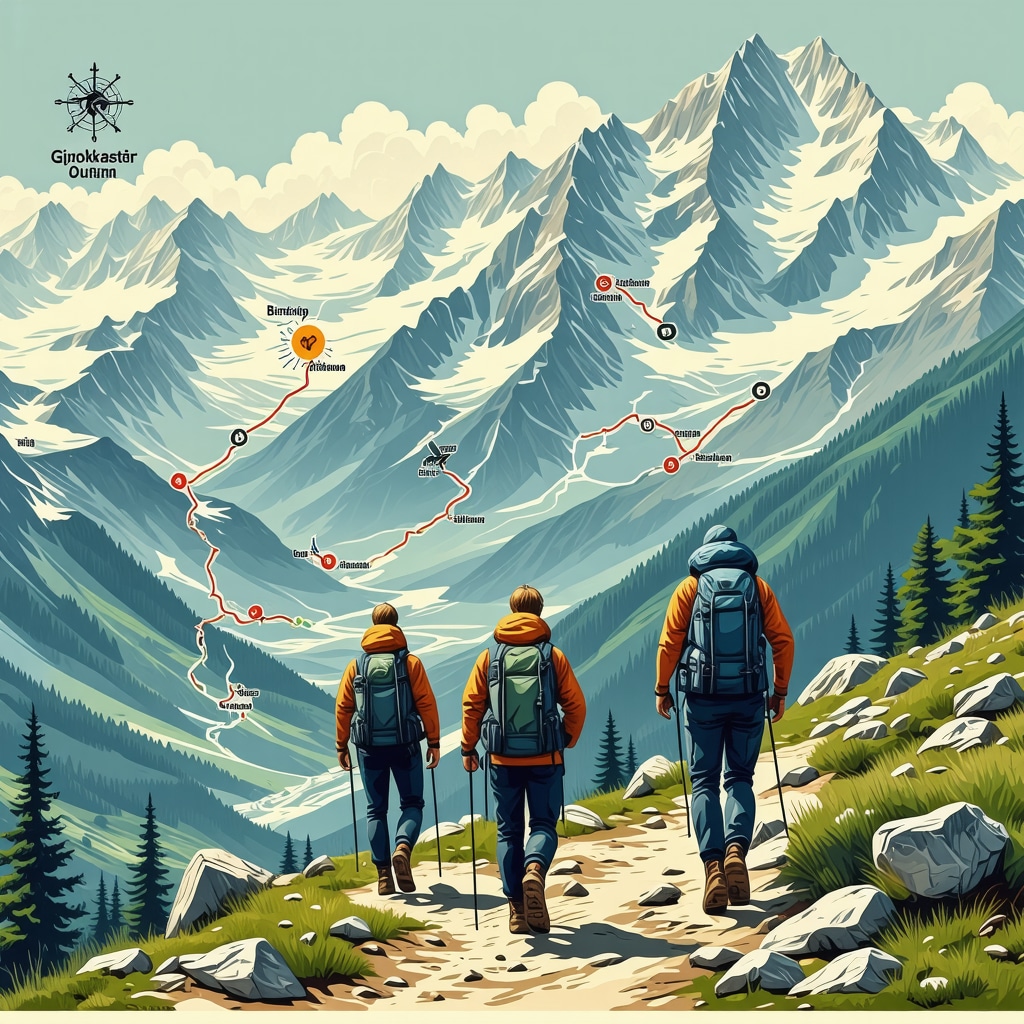 Illustrated topographic map showing Gjirokastër hiking routes with microclimate indicators and hikers using GPS and layered clothing