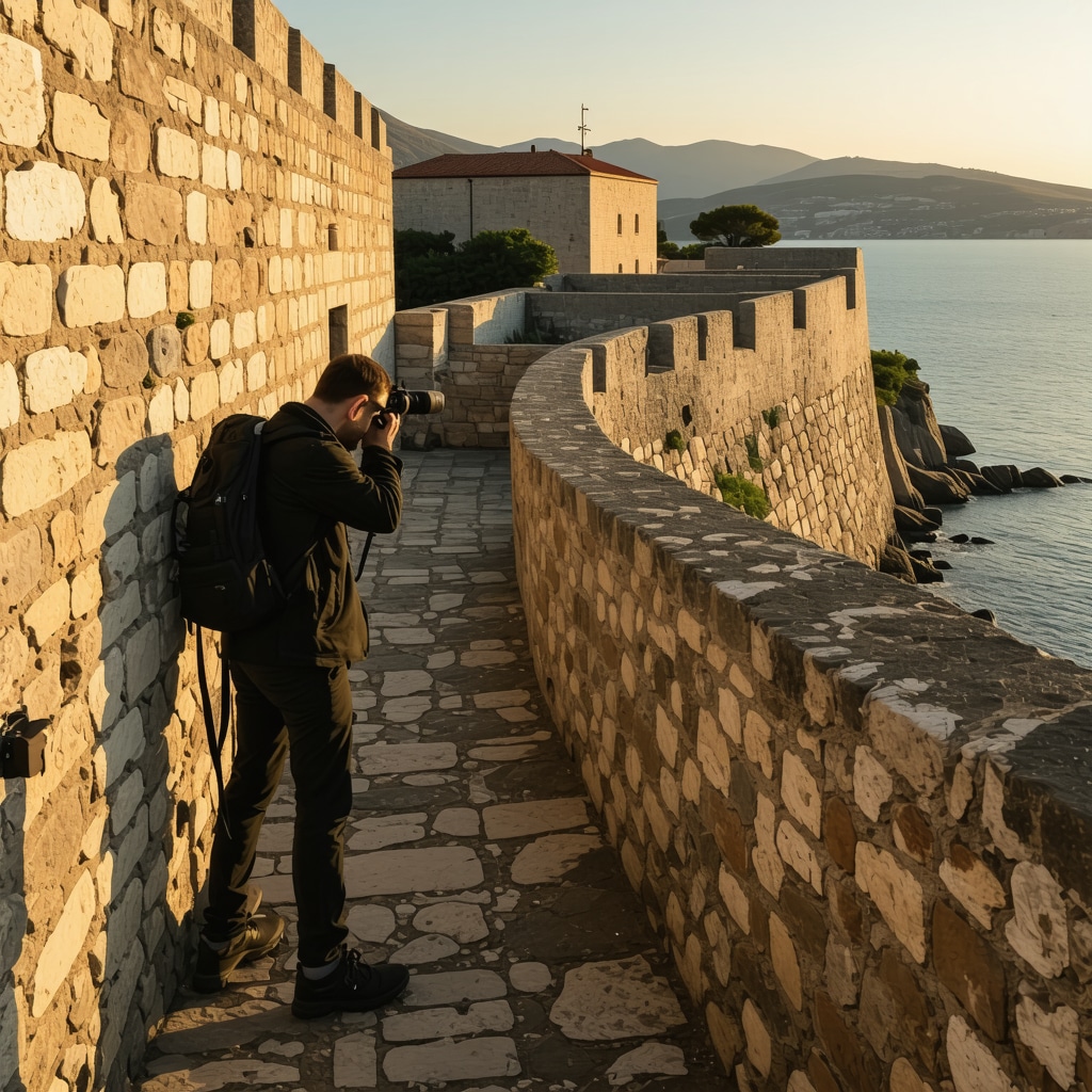 Photographer capturing Dubrovnik city walls bathed in golden hour sunlight with Adriatic Sea in background