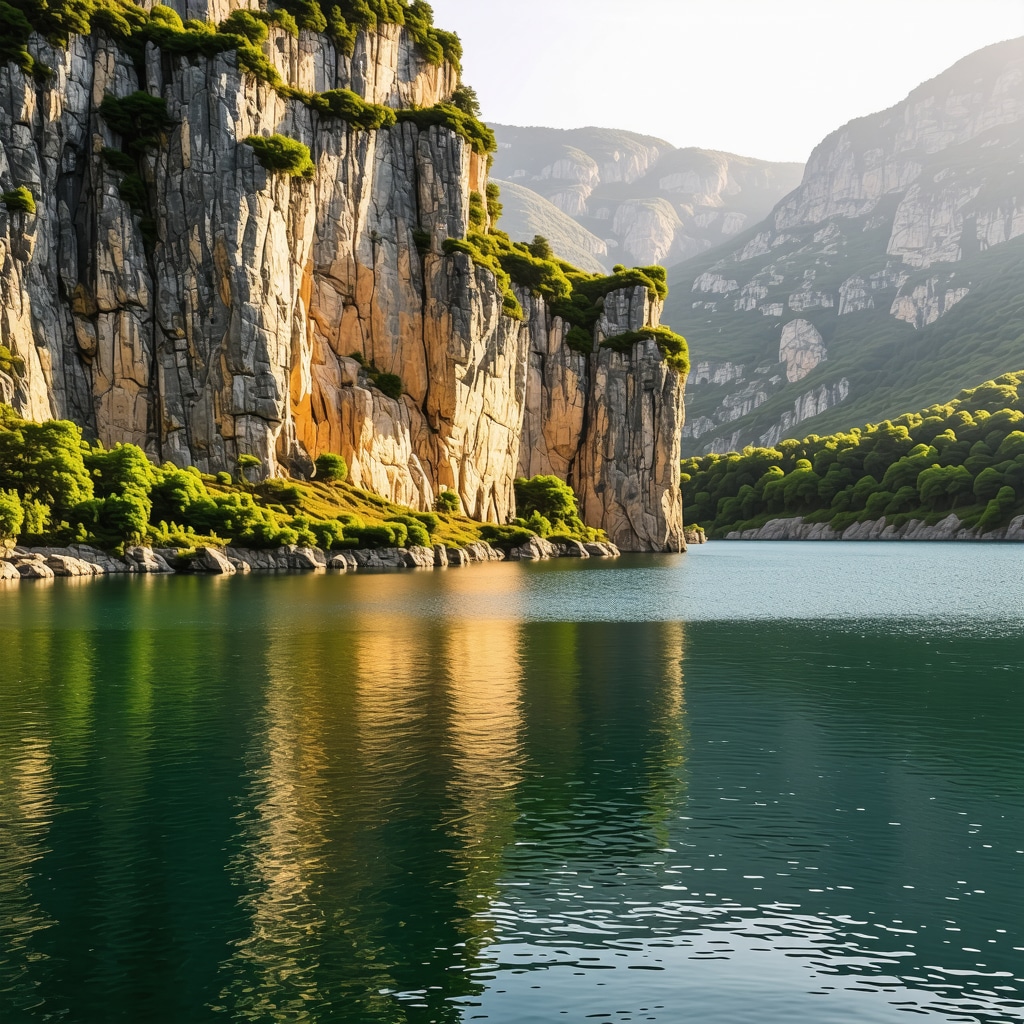 Matka Canyon illuminated by warm golden hour sunlight with reflections on water and lush greenery