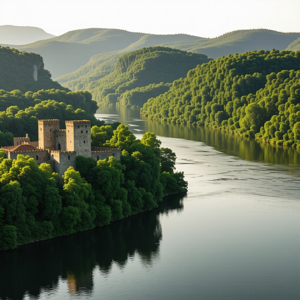 Sunrise view of Golubac Castle and Danube River surrounded by lush nature