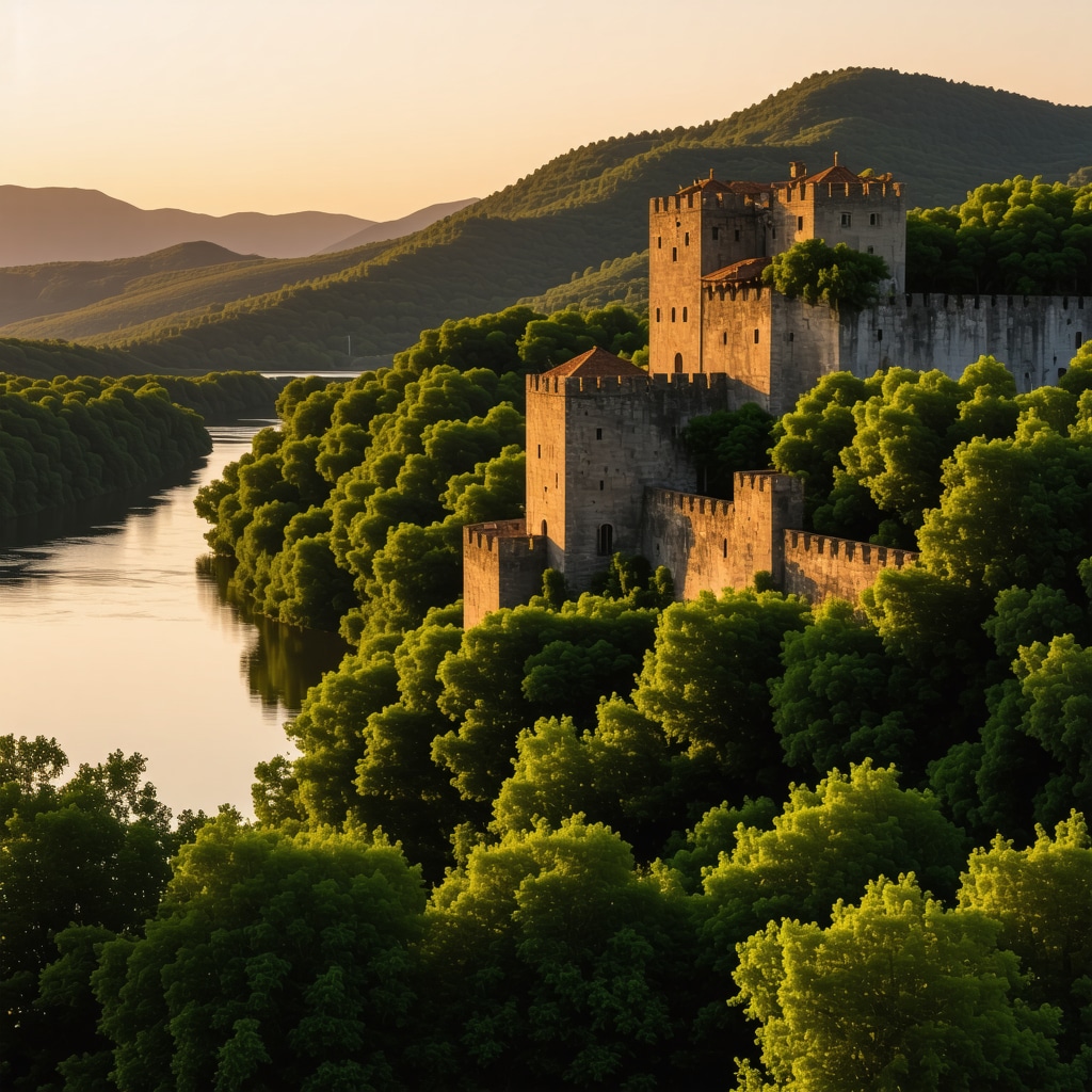 Panoramic view of Golubac Castle during sunset with river and forest surroundings