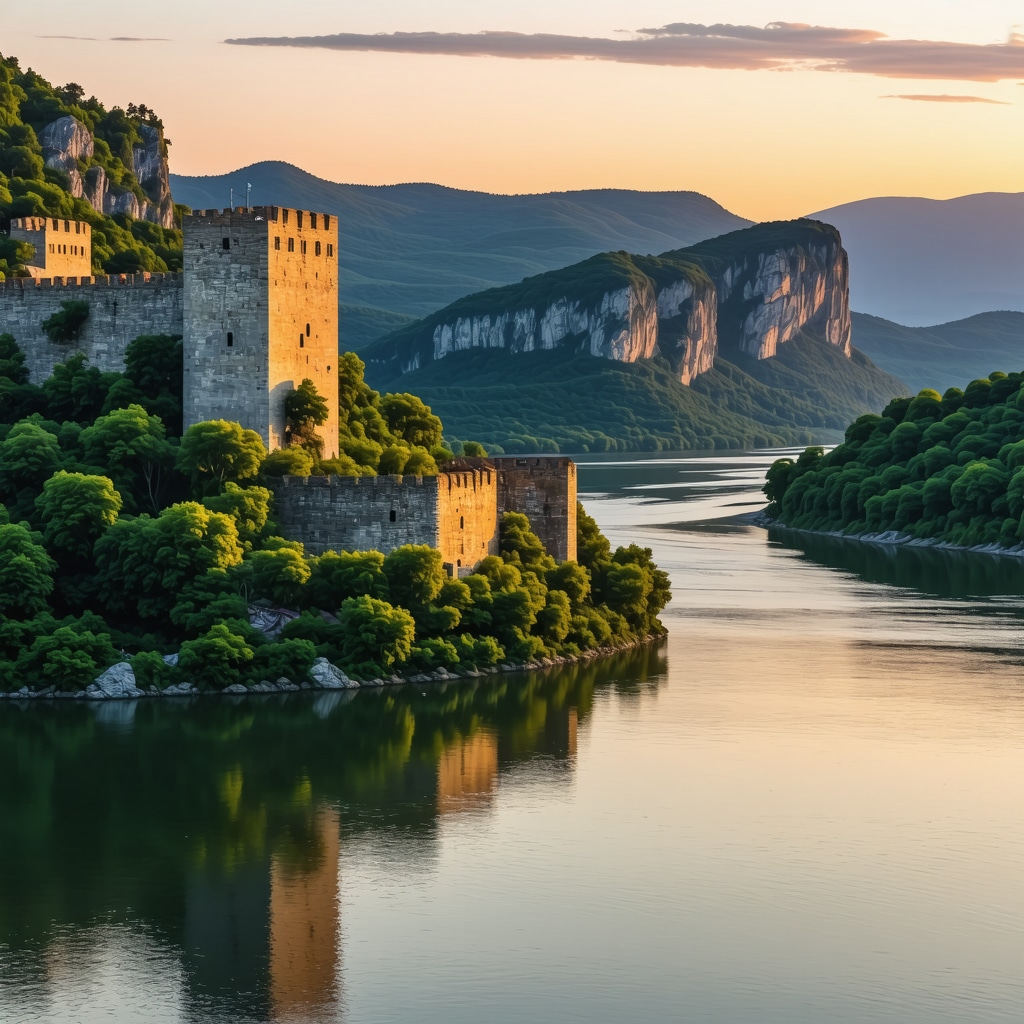Golubac Fortress overlooking the Danube River surrounded by green forests and cliffs at sunset